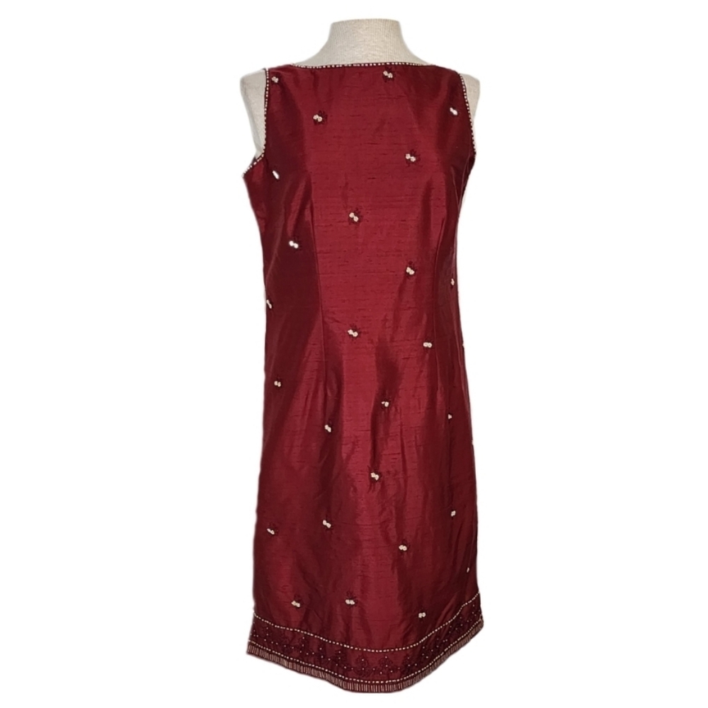 Charter Club Dress 100% Silk Embroidered And Beaded Flowers And Trim Red Size 8 - Picture 3 of 16